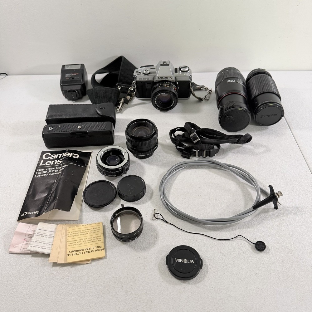 Minolta X-370 35mm SLR Film Camera W/ Lenses Flash Winder ALL UNTESTED AS IS